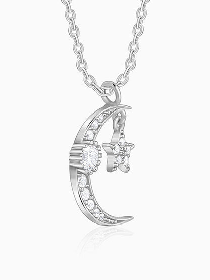 Silver Crescent Moon Star Pendant with Link Chain