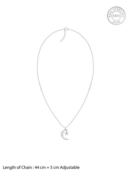 Silver Crescent Moon Star Pendant with Link Chain