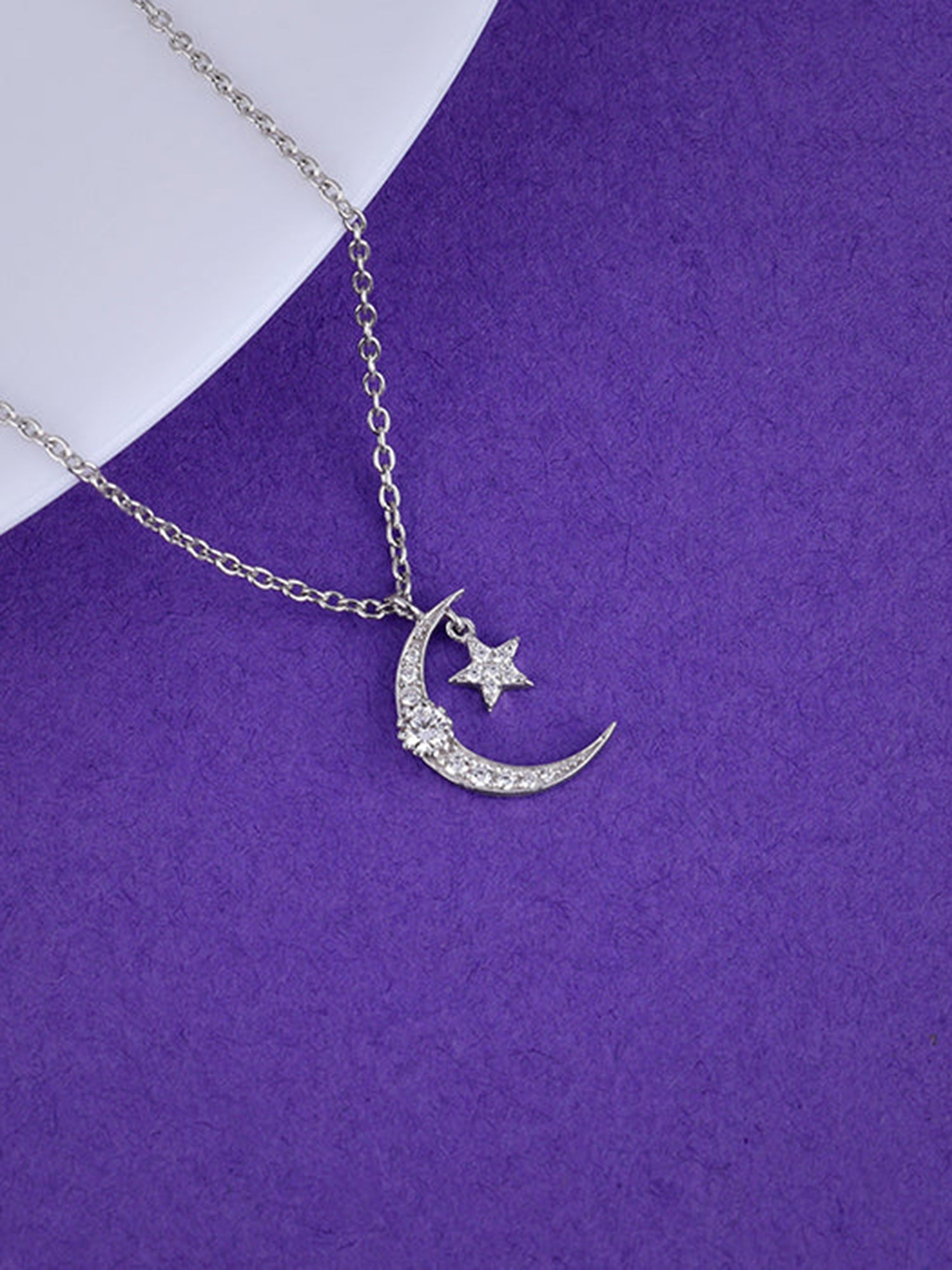 Silver Crescent Moon Star Pendant with Link Chain
