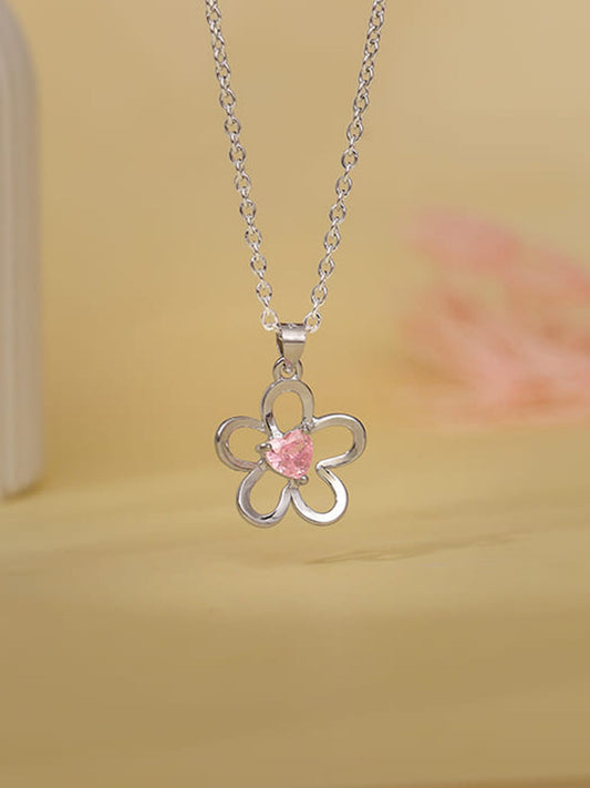 Silver Cherished Flower Pendant With Link Chain