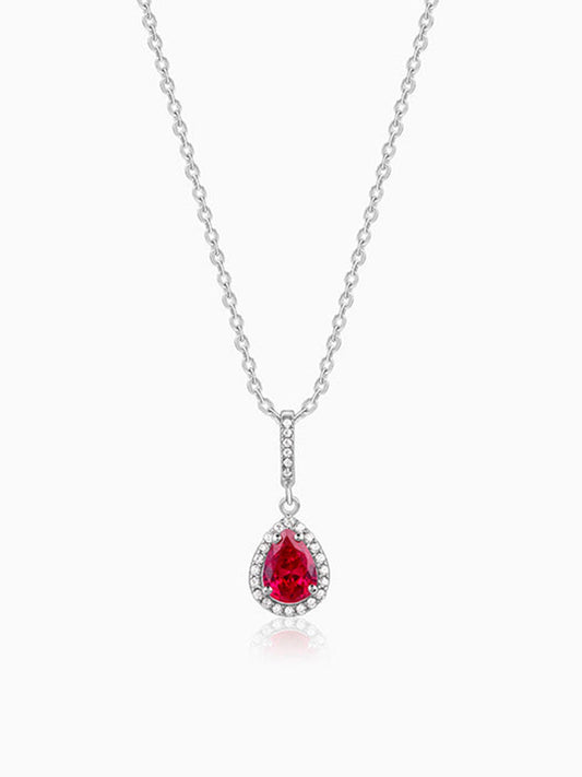 Silver Ruby Red Darling Teardrop Pendant With Link Chain