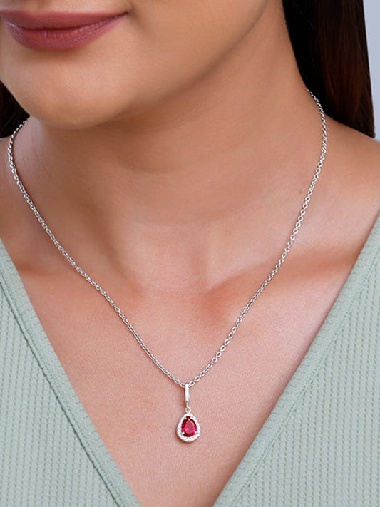 Silver Ruby Red Darling Teardrop Pendant With Link Chain