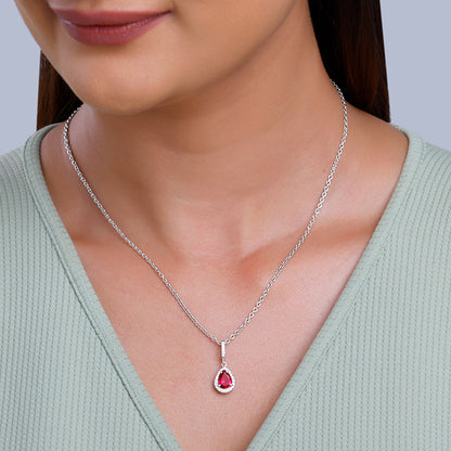 Silver Ruby Red Darling Teardrop Pendant With Link Chain