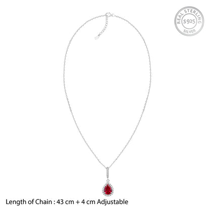 Silver Ruby Red Darling Teardrop Pendant With Link Chain