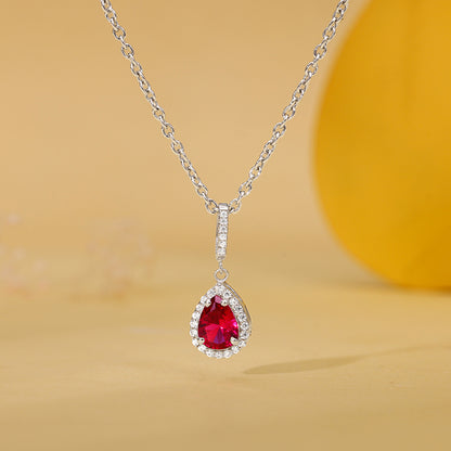Silver Ruby Red Darling Teardrop Pendant With Link Chain