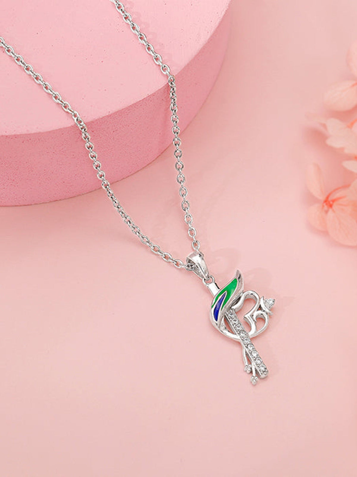 Silver Elegant Peacock and Om Pendant With Link Chain