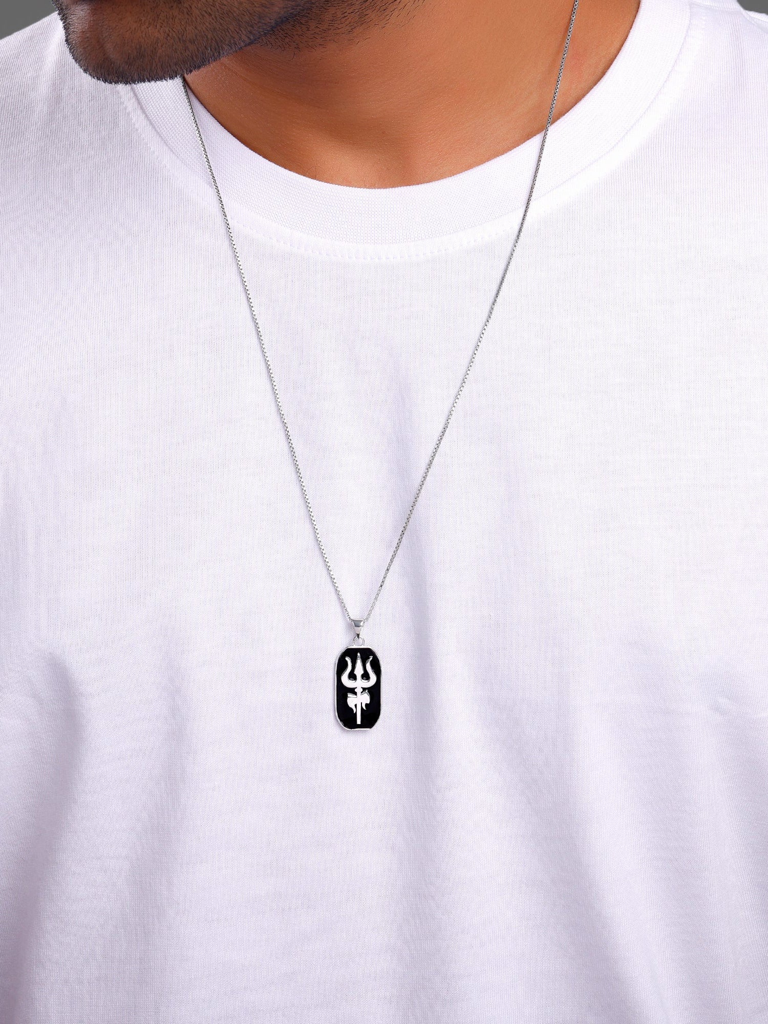 Silver Trishul Pendant With Box Chain For Him