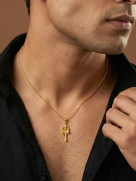 Golden Shiva Trishul Pendant With Box Chain