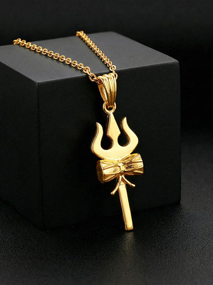 Golden Shiva Trishul Pendant With Box Chain
