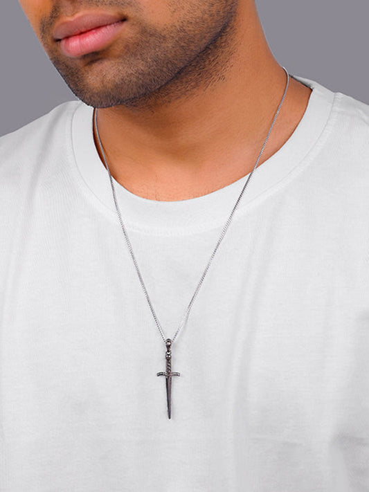 Black Rhodium Vintage Sword Pendant With Box Chain For Him