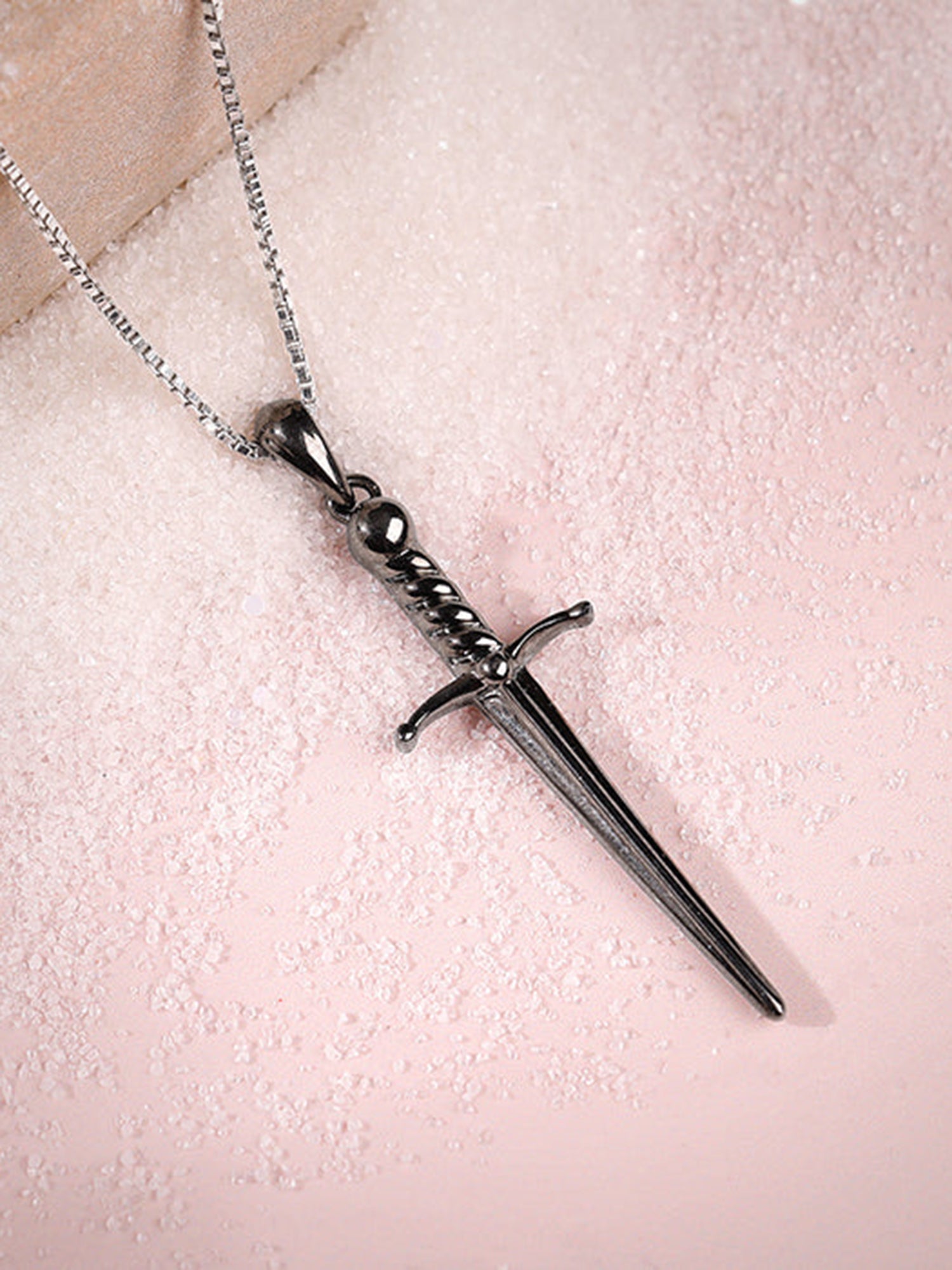 Black Rhodium Vintage Sword Pendant With Box Chain For Him