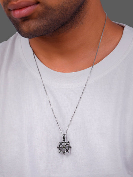 Black Rhodium Time Wheel Pendant With Box Chain For Him