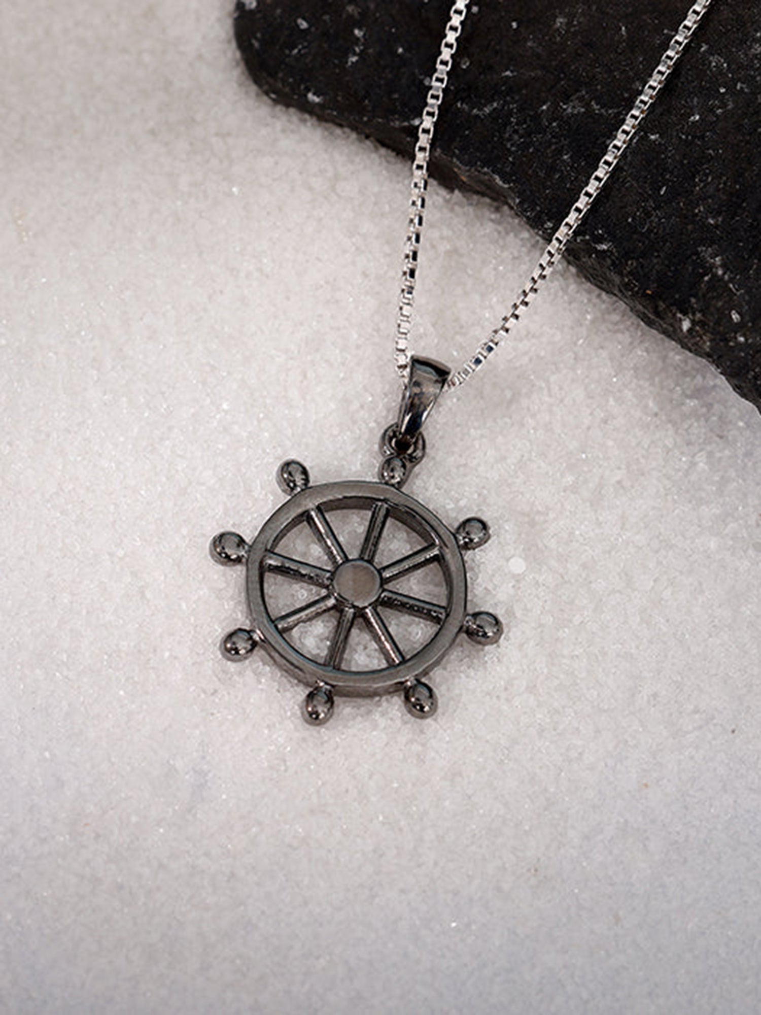 Black Rhodium Time Wheel Pendant With Box Chain For Him