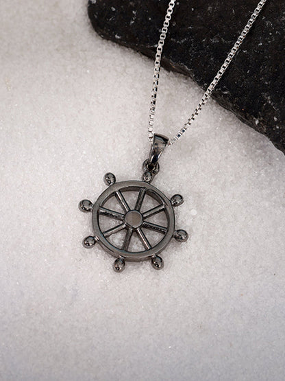 Black Rhodium Time Wheel Pendant With Box Chain For Him