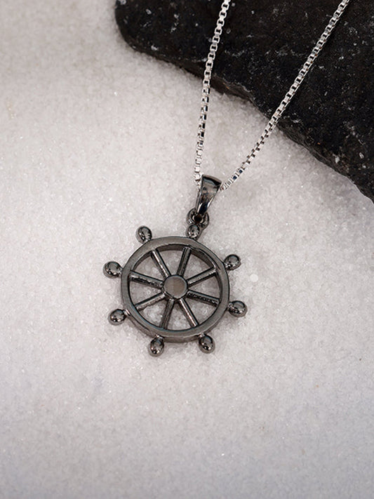Black Rhodium Time Wheel Pendant With Box Chain For Him