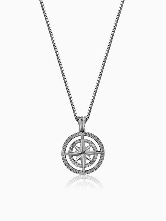 Black Rhodium Vintage Compass Pendant With Box Chain For Him