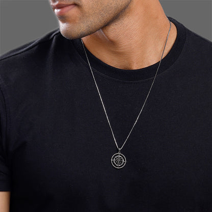 Black Rhodium Vintage Compass Pendant With Box Chain For Him