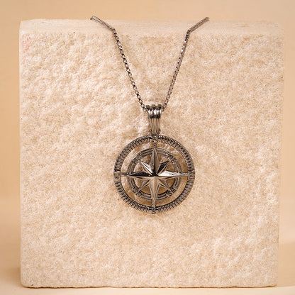 Black Rhodium Vintage Compass Pendant With Box Chain For Him