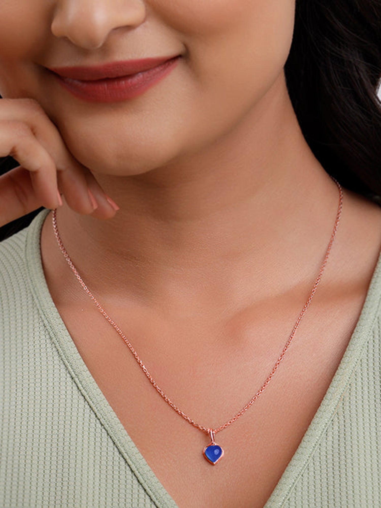 Rose Gold Heart Aquamarine Pendant with Link Chain