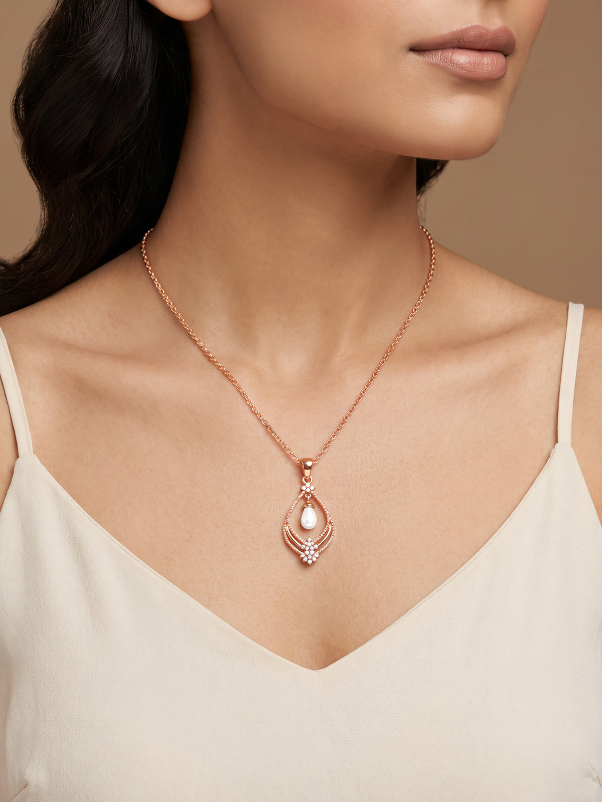 Rose Gold Princess Pearl Pendant With Link Chain