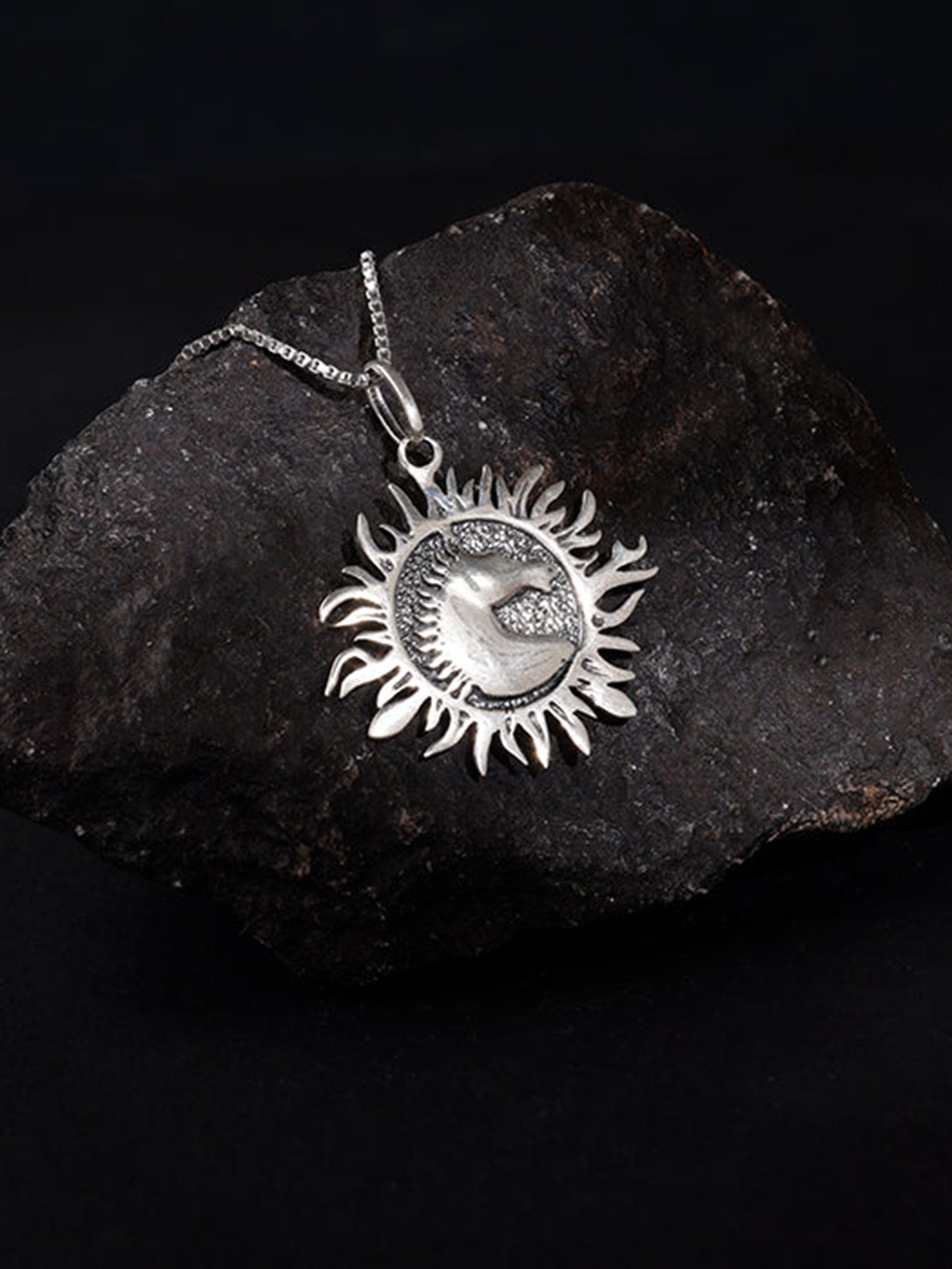 Oxidised Silver Sunborn Horse Pendant With Box Chain For Him