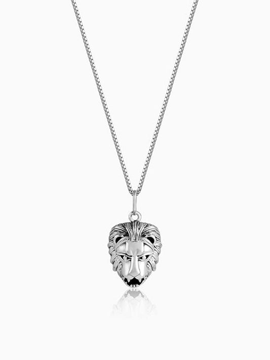 Oxidised Silver Lion Pendant With Box Chain For Him