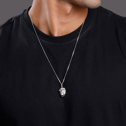 Oxidised Silver Lion Pendant With Box Chain For Him