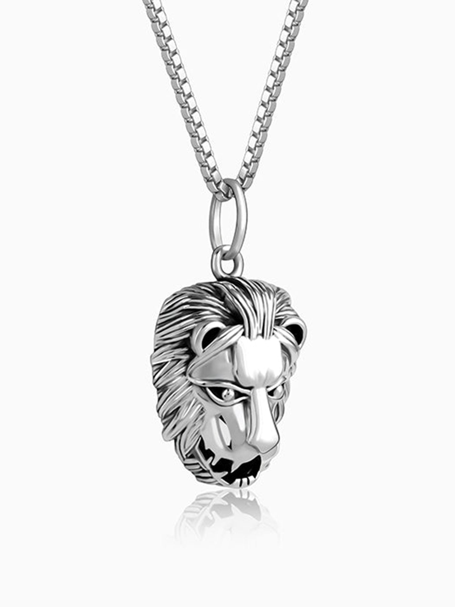 Oxidised Silver Lion Pendant With Box Chain For Him