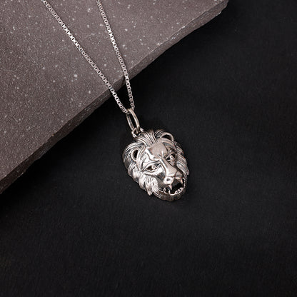 Oxidised Silver Lion Pendant With Box Chain For Him
