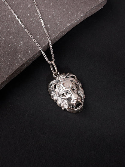Oxidised Silver Lion Pendant With Box Chain For Him