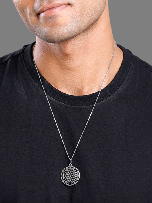 Oxidised Silver Sacred Bloom Pendant With Box Chain For Him