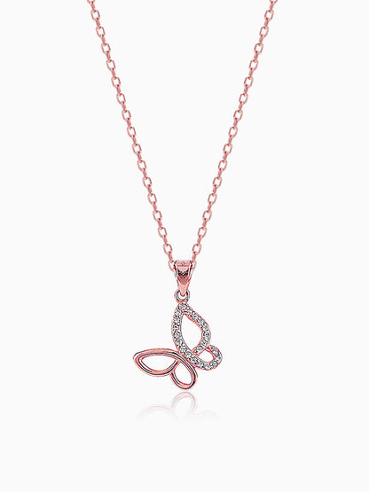 Rose Gold Zircon-Studded Butterfly Pendant With Link Chain