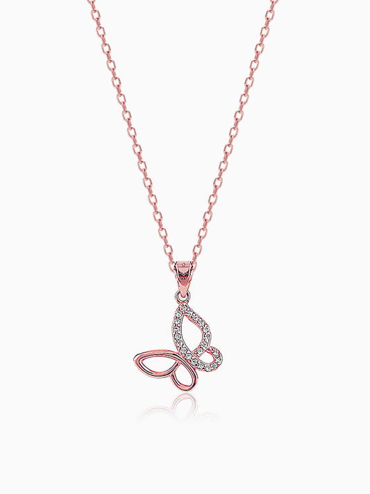 Rose Gold Zircon-Studded Butterfly Pendant With Link Chain