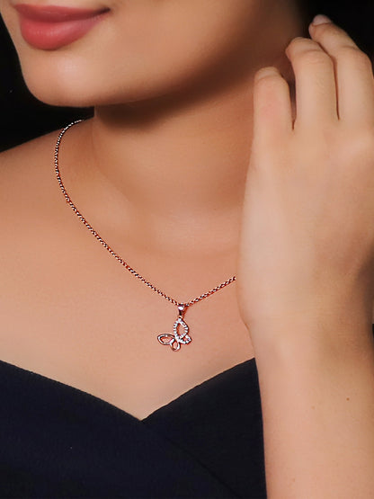 Rose Gold Zircon-Studded Butterfly Pendant With Link Chain