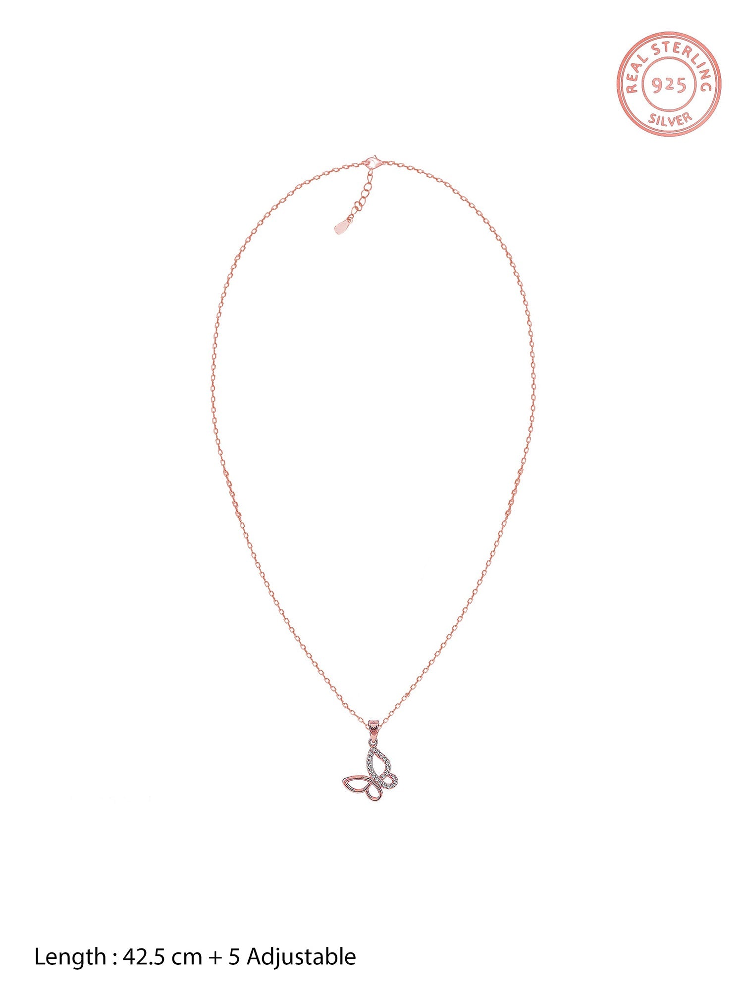 Rose Gold Zircon-Studded Butterfly Pendant With Link Chain