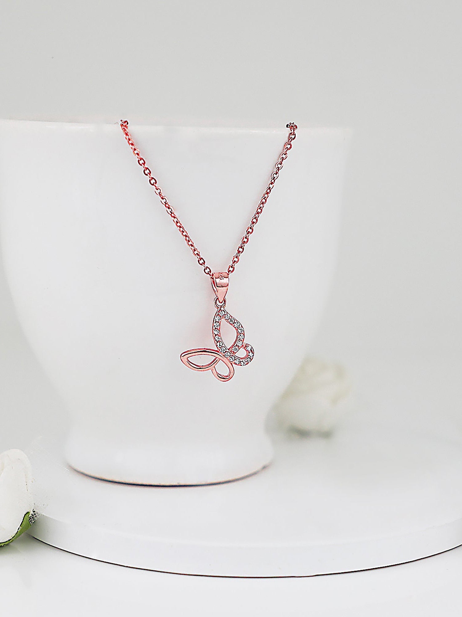 Rose Gold Zircon-Studded Butterfly Pendant With Link Chain