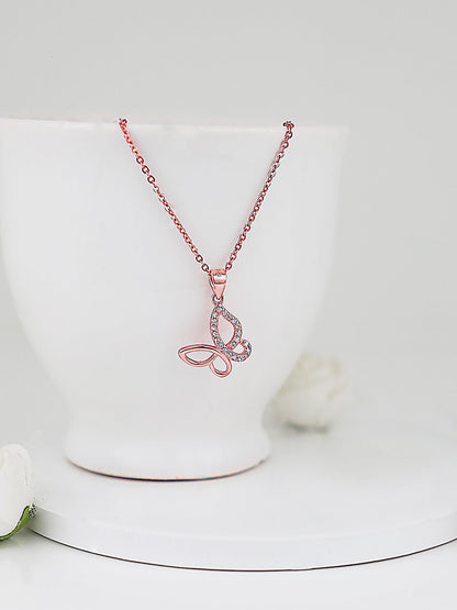 Rose Gold Zircon-Studded Butterfly Pendant With Link Chain