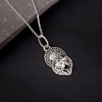 Oxidised Silver Narasimha Crown Pendant With Box Chain For Him