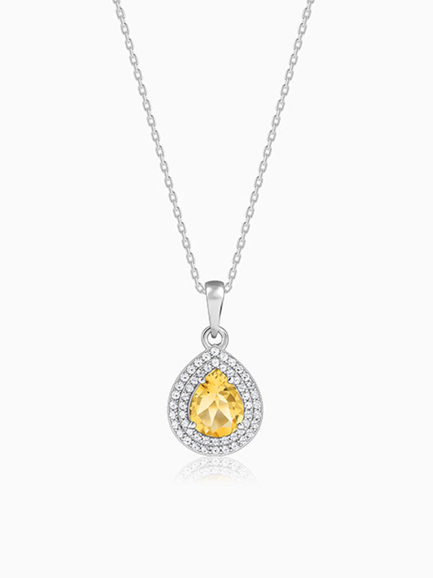 Silver Citrine Drop Pendant With Link Chain