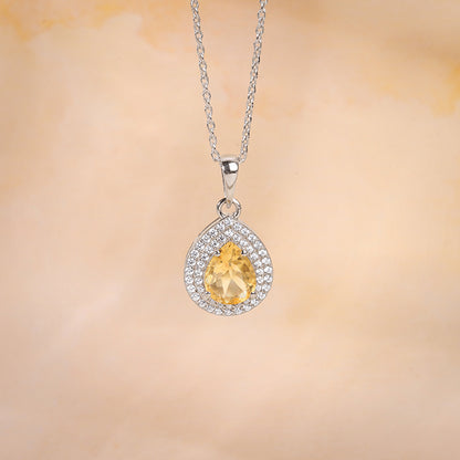 Silver Citrine Drop Pendant With Link Chain