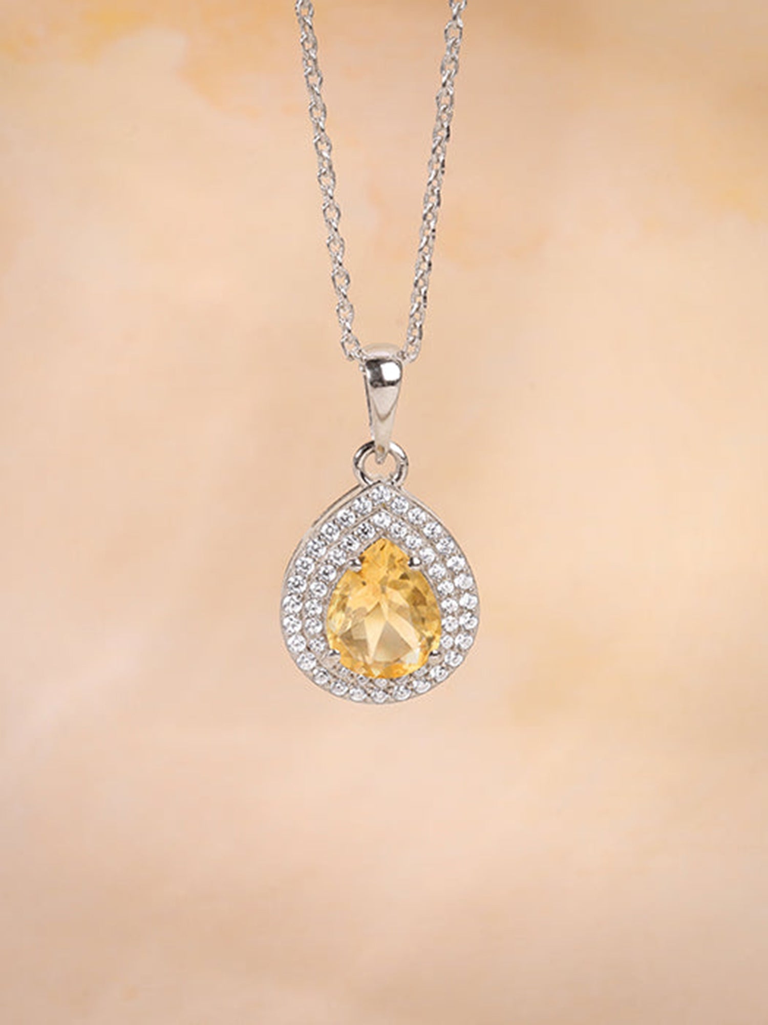 Silver Citrine Drop Pendant With Link Chain