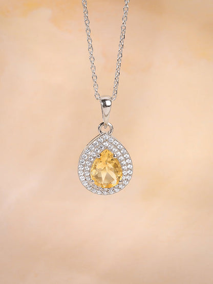 Silver Citrine Drop Pendant With Link Chain