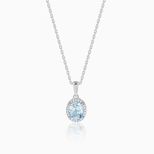 Silver Halo Blue Topaz Pendant With Link Chain