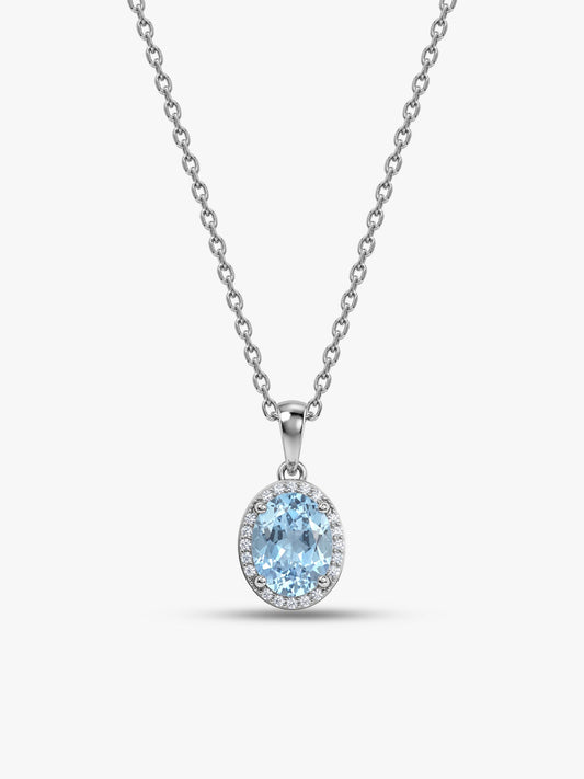 Silver Halo Blue Topaz Pendant With Link Chain