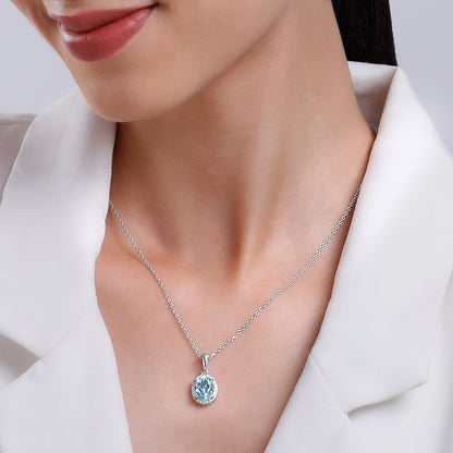 Silver Halo Blue Topaz Pendant With Link Chain