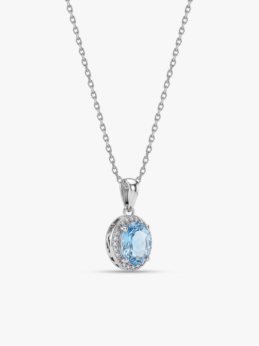 Silver Halo Blue Topaz Pendant With Link Chain