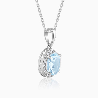Silver Halo Blue Topaz Pendant With Link Chain