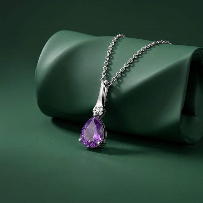 Silver Iris Pear Drop Pendant With Link Chain