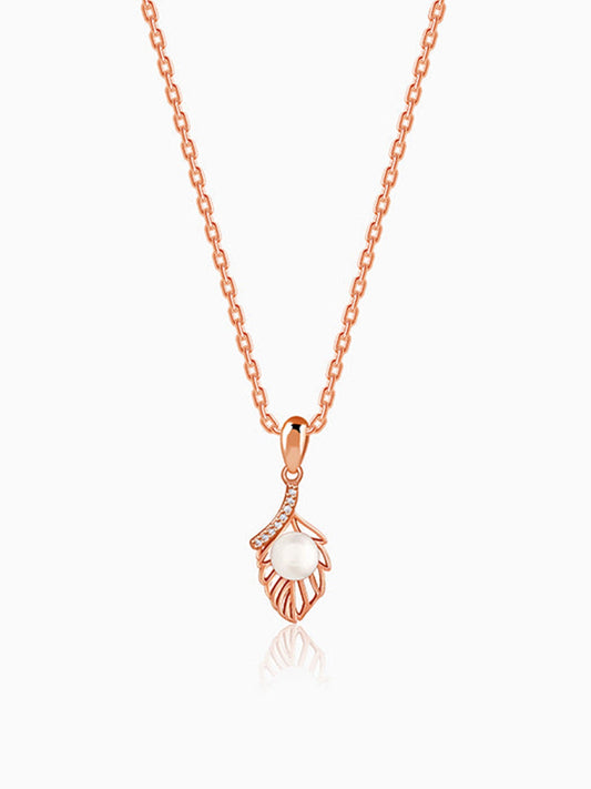 Rose Gold Pearl-fect Leaf Pendant With Link Chain