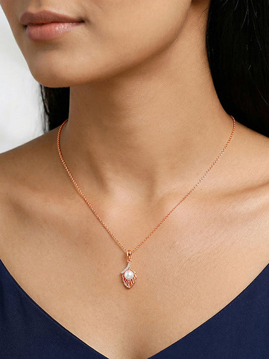 Rose Gold Pearl-fect Leaf Pendant With Link Chain